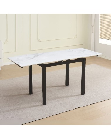 Tavolo allungabile Kyoto con piano in ceramica effetto marmo bianco lucido e struttura in metallo nero