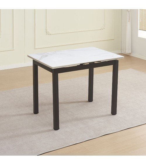 Tavolo allungabile Kyoto con piano in ceramica effetto marmo bianco lucido e struttura in metallo nero