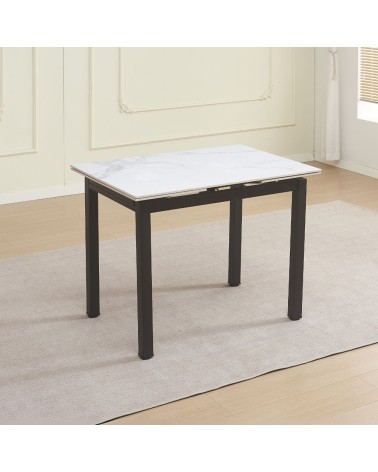 Tavolo allungabile Kyoto con piano in ceramica effetto marmo bianco lucido e struttura in metallo nero