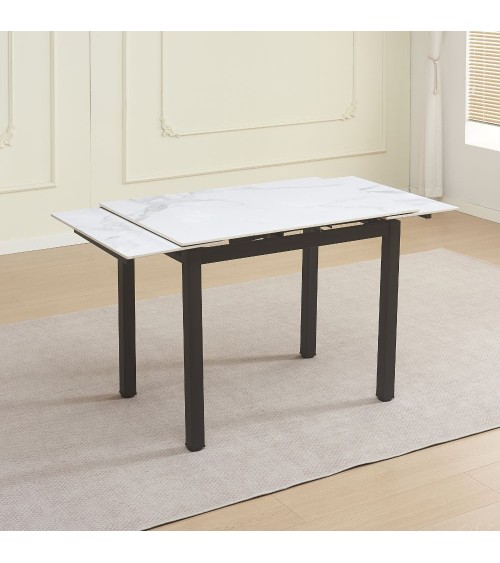 Tavolo allungabile Kyoto con piano in ceramica effetto marmo bianco lucido e struttura in metallo nero