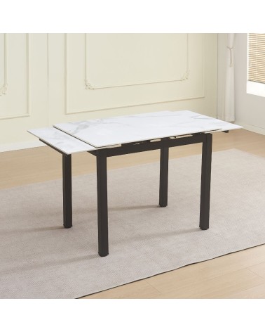 Tavolo allungabile Kyoto con piano in ceramica effetto marmo bianco lucido e struttura in metallo nero