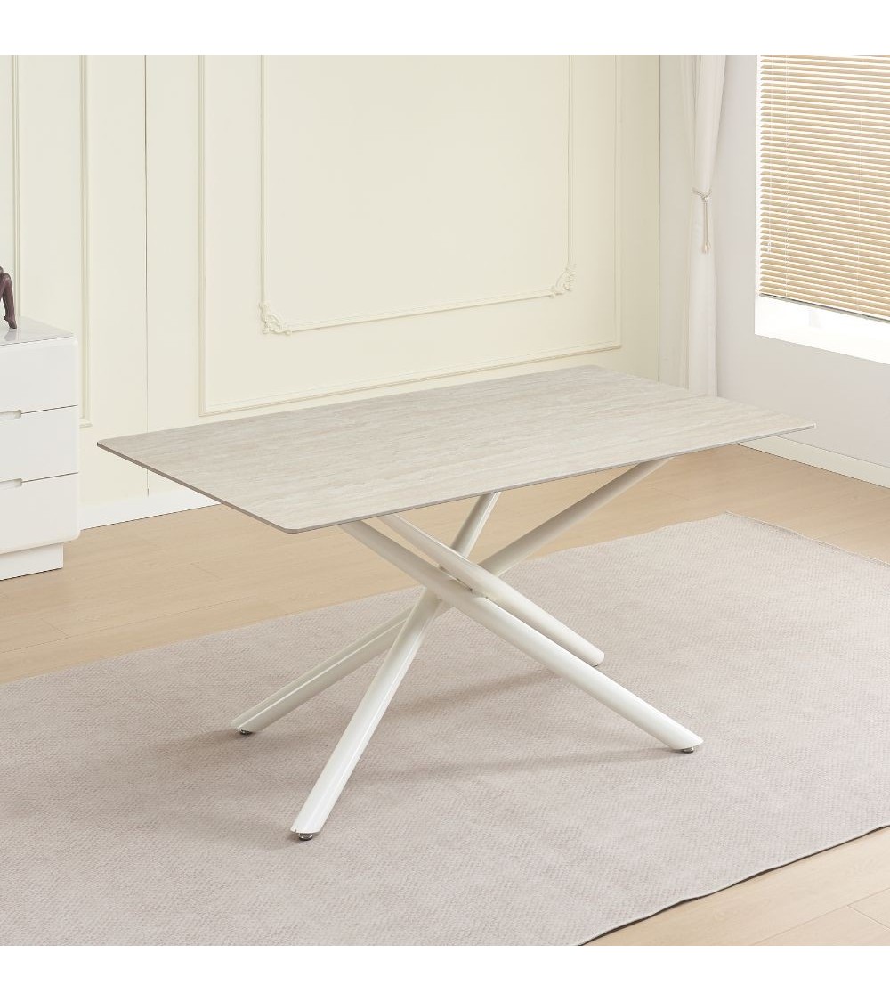 Tavolo fisso Sand con piano in ceramica beige opaco e struttura in metallo bianco