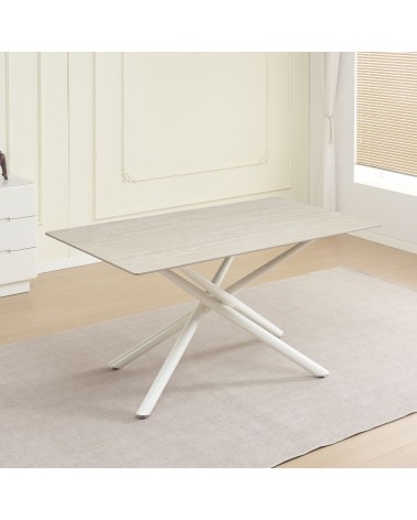 Tavolo fisso Sand con piano in ceramica beige opaco e struttura in metallo bianco