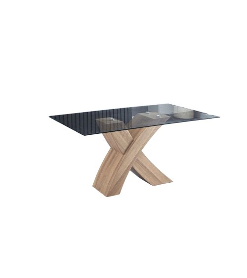 Tavolo fisso Duncan con piano in vetro e gambe incrociate rovere WD03