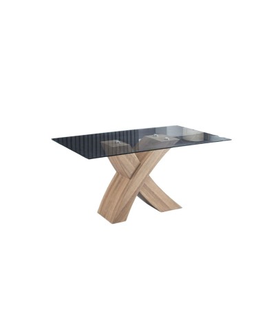 Tavolo fisso Duncan con piano in vetro e gambe incrociate rovere WD03