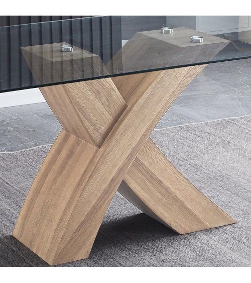 Tavolo fisso Duncan con piano in vetro e gambe incrociate rovere WD03