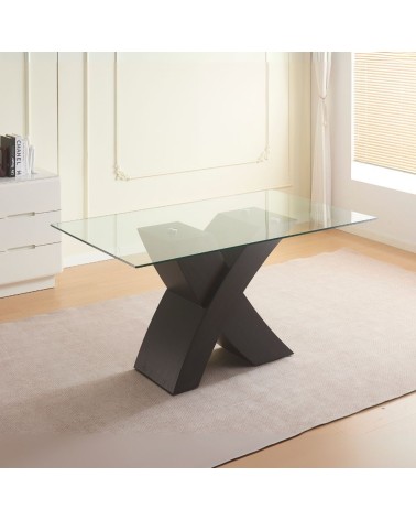 Tavolo fisso Duncan con piano in vetro e gambe incrociate effetto legno nero WD01
