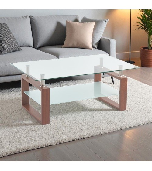 Tavolino Tally con doppio piano in vetro temperato e gambe effetto legno noce