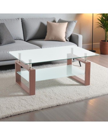 Tavolino Tally con doppio piano in vetro temperato e gambe effetto legno noce