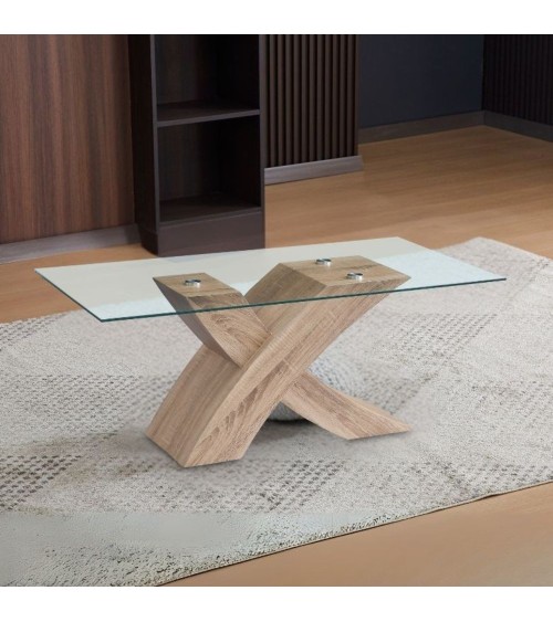 Tavolino Shiva con piano in vetro temperato e struttura colore rovere WD03