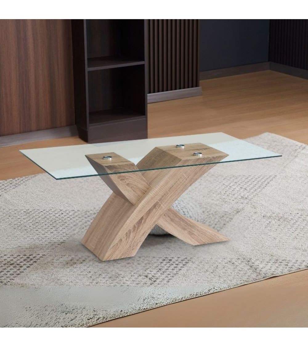 Tavolino Shiva con piano in vetro temperato e struttura colore rovere WD03