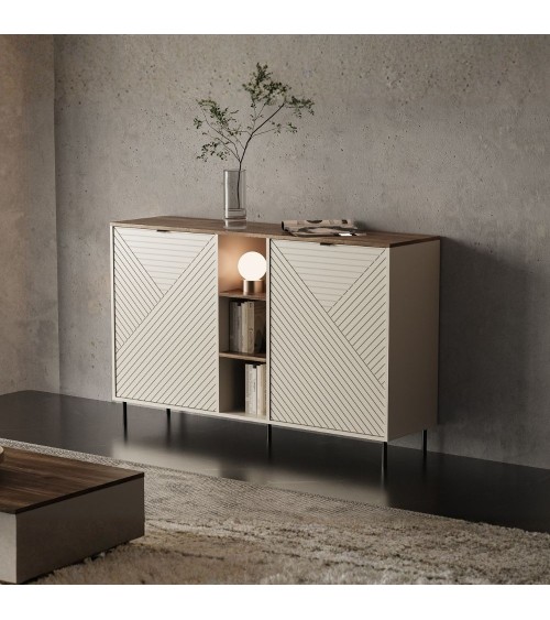 Credenza Mirage08 con 2 ante con motivo geometrico e ripiani a giorno colore cashmere e rovere