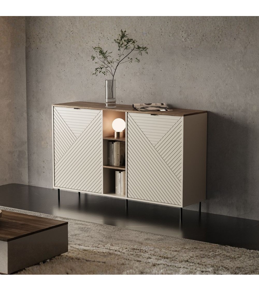 Credenza Mirage08 con 2 ante con motivo geometrico e ripiani a giorno colore cashmere e rovere