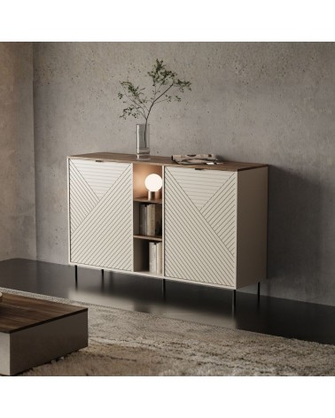 Credenza Mirage08 con 2 ante con motivo geometrico e ripiani a giorno colore cashmere e rovere