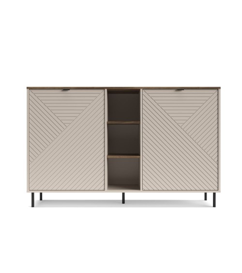 Credenza Mirage08 con 2 ante con motivo geometrico e ripiani a giorno colore cashmere e rovere