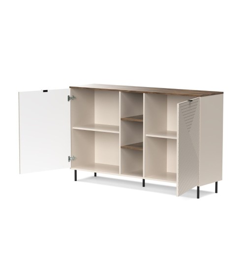 Credenza Mirage08 con 2 ante con motivo geometrico e ripiani a giorno colore cashmere e rovere