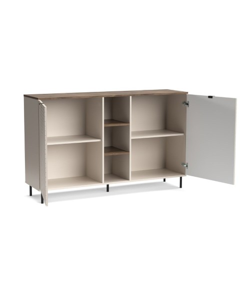 Credenza Mirage08 con 2 ante con motivo geometrico e ripiani a giorno colore cashmere e rovere