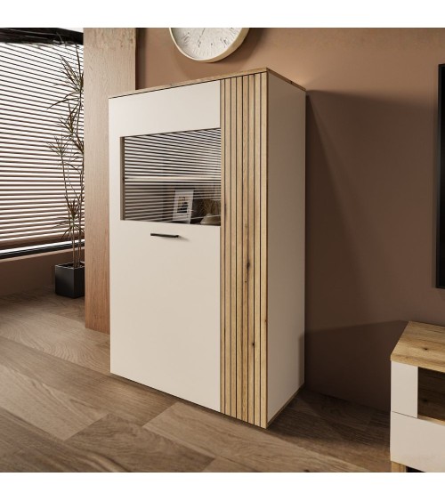 Vetrina Frezo06 con 2 ante con dettaglio a listelli verticali colore cashmere e rovere evoque