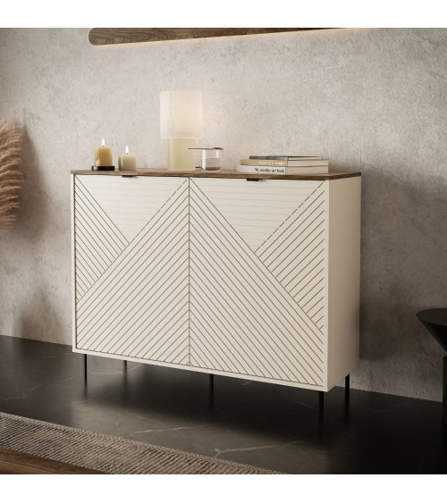 Credenza Mirage01 con 2 ante cashmere con motivo geometrico e top rovere