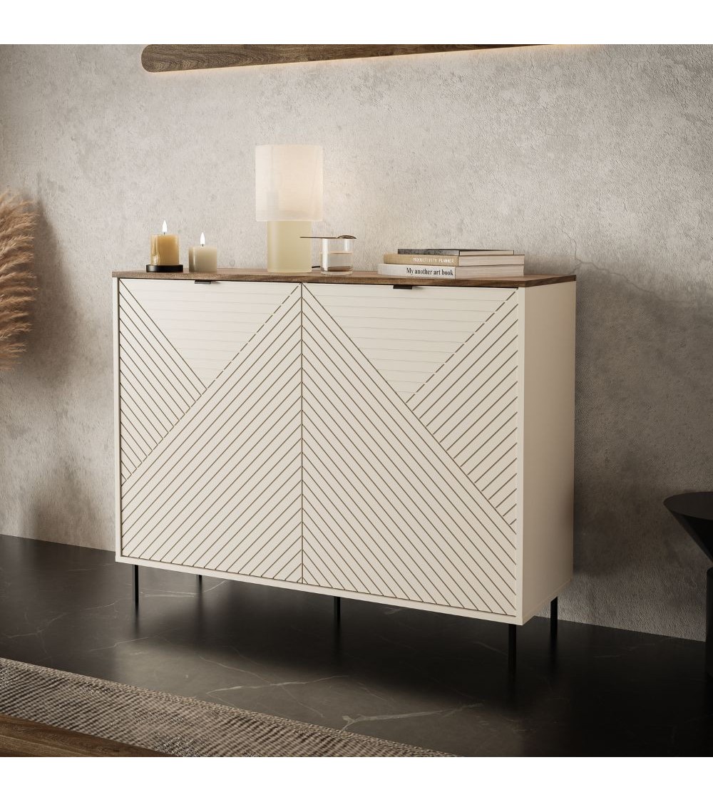 Credenza Mirage01 con 2 ante cashmere con motivo geometrico e top rovere