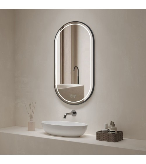 Specchio smart ovale YJ-2004BL con cornice nera in acciaio inox satinato 90x60 cm.