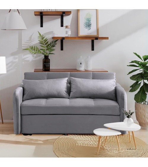 Divano letto Clorene in velluto grigio con tasche e presa USB laterale