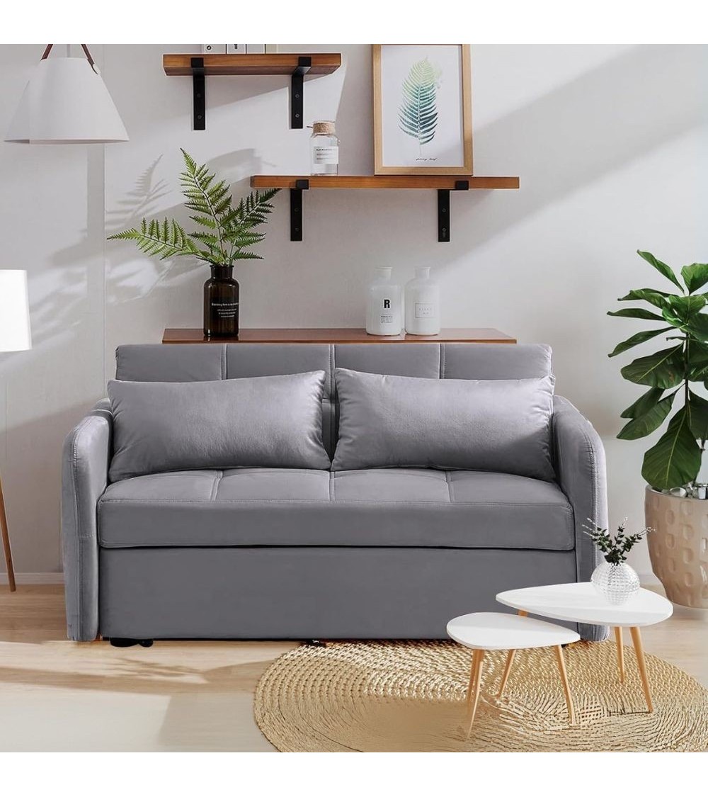 Divano letto Clorene in velluto grigio con tasche e presa USB laterale