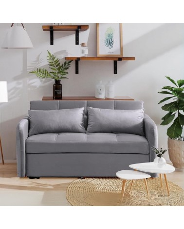 Divano letto Clorene in velluto grigio con tasche e presa USB laterale