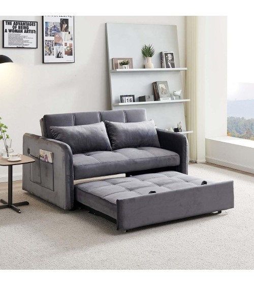 Divano letto Clorene in velluto grigio con tasche e presa USB laterale