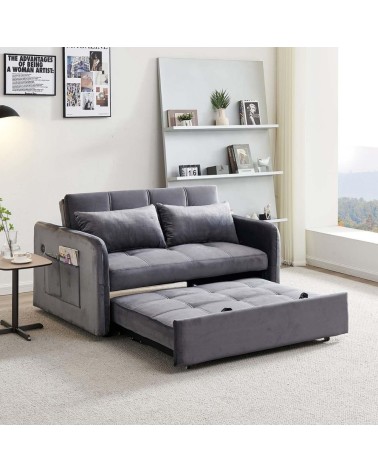 Divano letto Clorene in velluto grigio con tasche e presa USB laterale