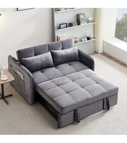 Divano letto Clorene in velluto grigio con tasche e presa USB laterale