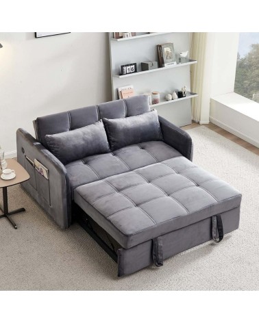 Divano letto Clorene in velluto grigio con tasche e presa USB laterale