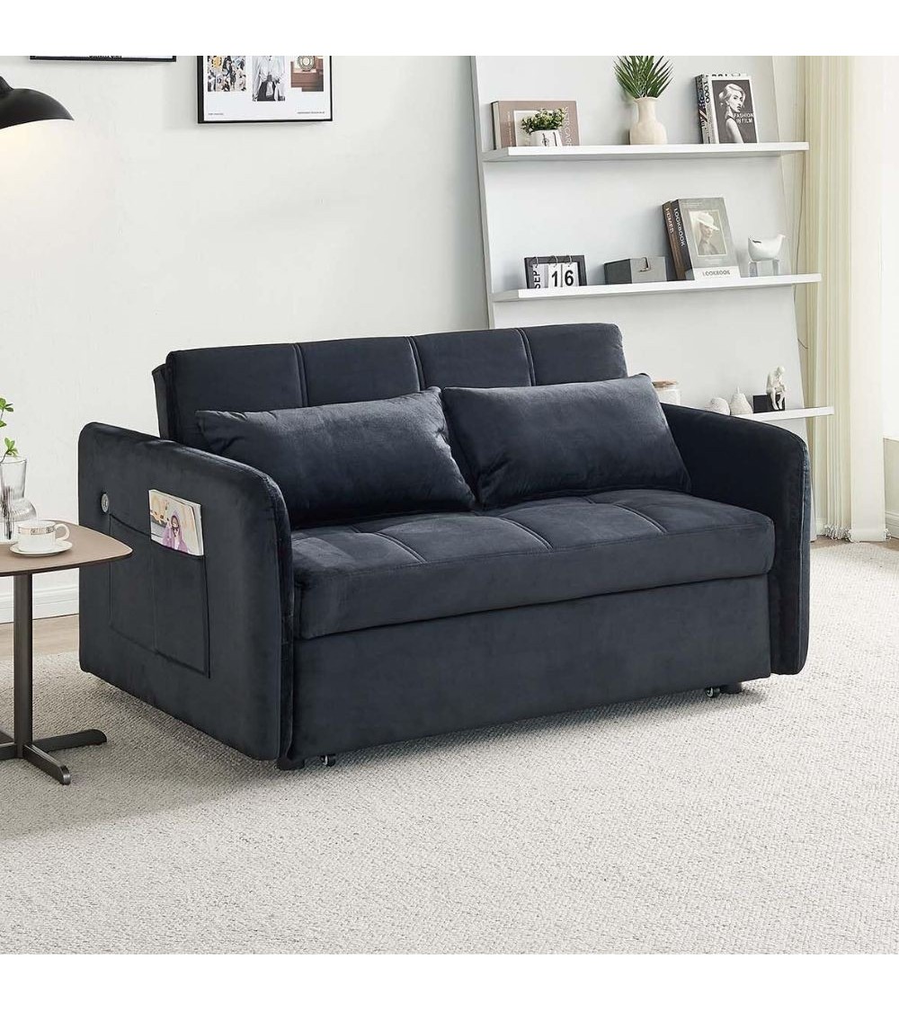 Divano letto Clorene in velluto nero con tasche e presa USB laterale