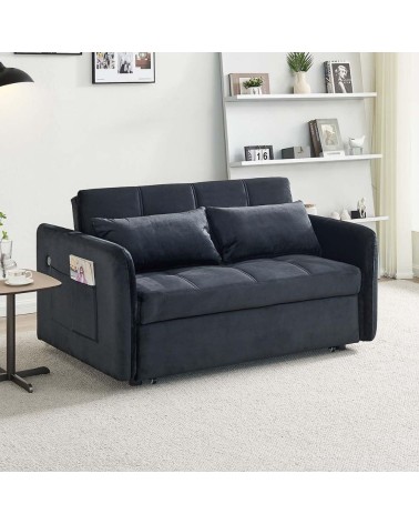 Divano letto Clorene in velluto nero con tasche e presa USB laterale