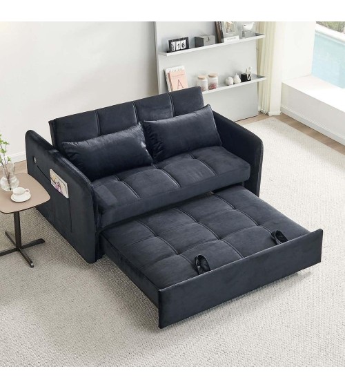 Divano letto Clorene in velluto nero con tasche e presa USB laterale