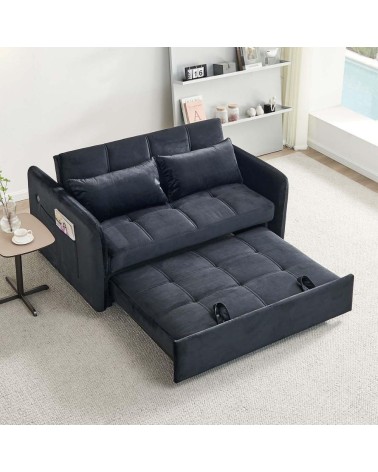 Divano letto Clorene in velluto nero con tasche e presa USB laterale