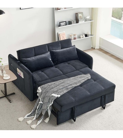 Divano letto Clorene in velluto nero con tasche e presa USB laterale