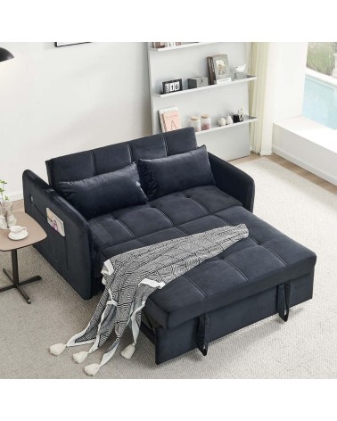 Divano letto Clorene in velluto nero con tasche e presa USB laterale