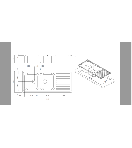 Lavello SAXT333A 116x50 cm 2 vasche gocciolatoio sinistro