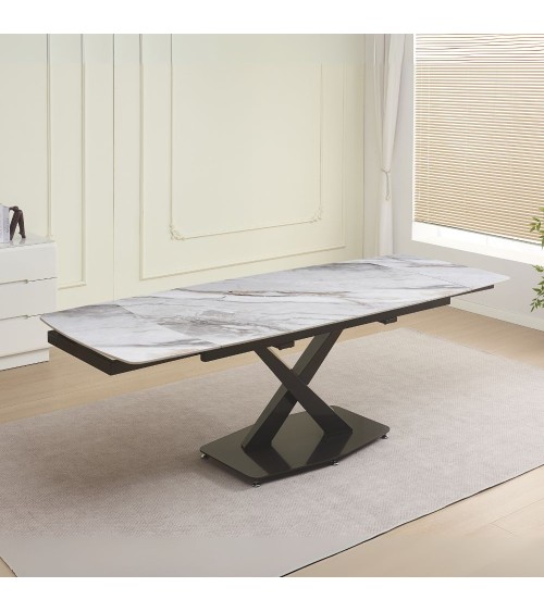 Tavolo Moritz con piano in ceramica effetto marmo bianco M325 lucido e gambe in metallo nero