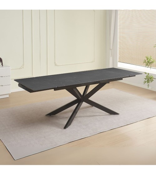 Tavolo allungabile Roxane con piano in ceramica effetto marmo nero ardesia C201 opaco e gambe in metallo nero
