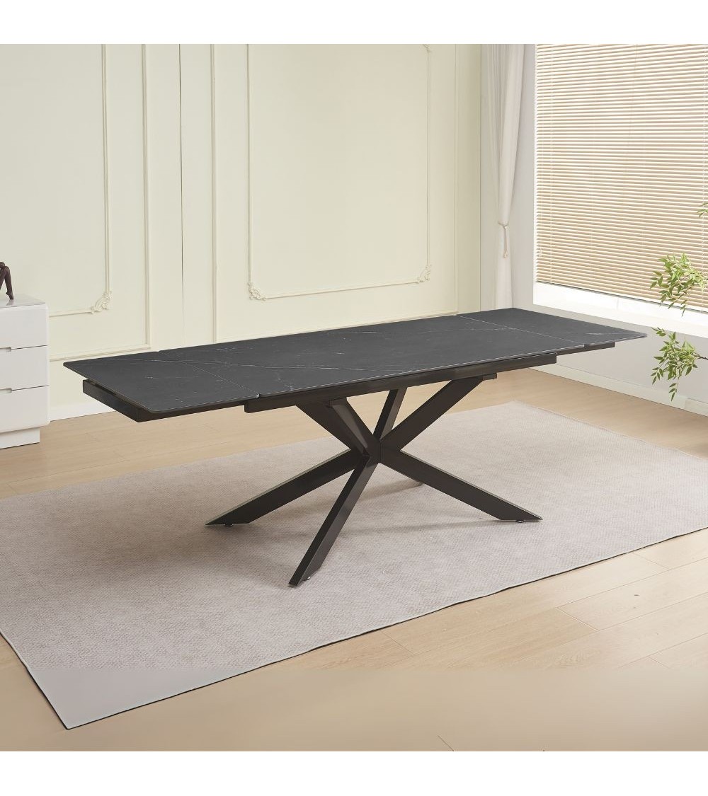 Tavolo allungabile Roxane con piano in ceramica effetto marmo nero ardesia C201 opaco e gambe in metallo nero