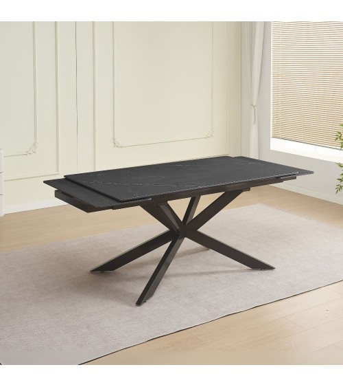 Tavolo allungabile Roxane con piano in ceramica effetto marmo nero ardesia C201 opaco e gambe in metallo nero