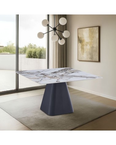 Tavolo Cesar con piano quadrato in ceramica effetto marmo arabesque M346 lucido e gambe in metallo nero