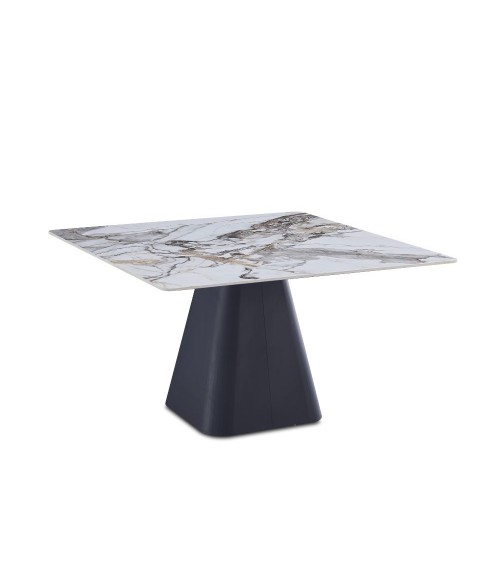 Tavolo Cesar con piano quadrato in ceramica effetto marmo arabesque M346 lucido e gambe in metallo nero