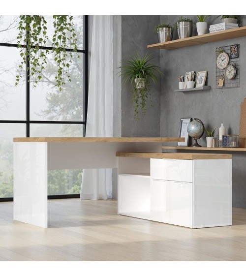 Scrivania angolare Zenzero reversibile con due ante due vani a giorni e un cassetto bianco lucido e cadiz