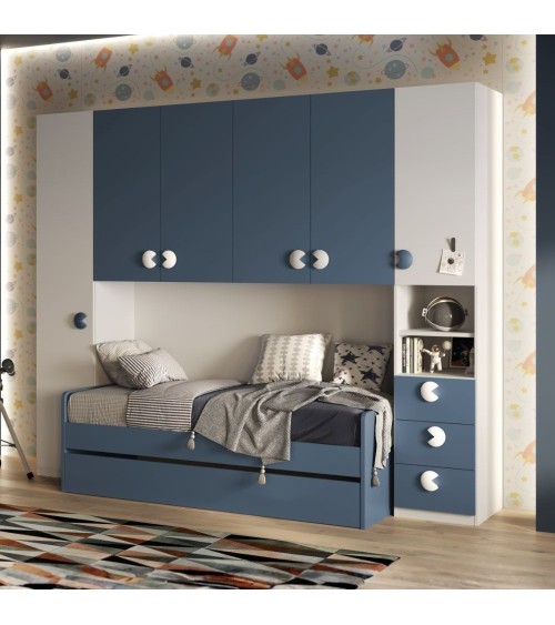 Cameretta a ponte Gilbert bianco opaco e blu navy con letto estraibile