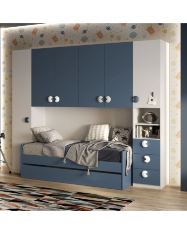 Cameretta a ponte Gilbert bianco opaco e blu navy con letto estraibile