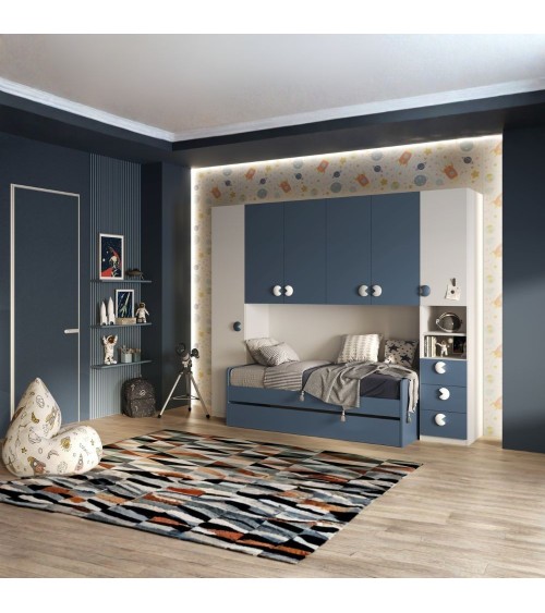 Cameretta a ponte Gilbert bianco opaco e blu navy con letto estraibile