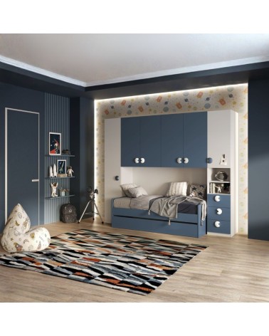 Cameretta a ponte Gilbert bianco opaco e blu navy con letto estraibile